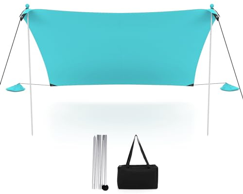 COSTWAY Beach Tent 10' x 10' UPF 50+ Sun Protection with 4 Sand Bags, Ground Stakes, 2 Poles and Carry Bag, Portable Easy Set Up Canopy for Camping,