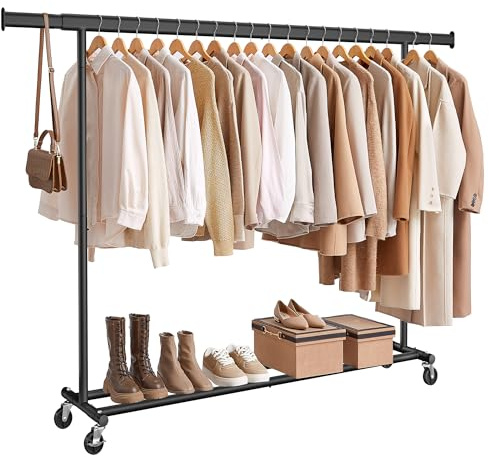 SONGMICS Stand Appendiabiti con Ruote, Attaccapanni Estensibile per Carichi Pesanti, Portata Totale 150 kg, 45 x (160-200) x 161,5 cm, Facile da Montare e Spostare, Nero HSR175B01