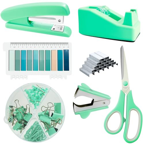 CCR Green Juego de Material de Oficina, Juego de Accesorios de Escritorio, Grapadora, Dispensador de Cinta Adhesiva, Extractor de Grapas, 1000 Grapas 24/6, Clips,Tijeras,Fichas y Chinchetas Set