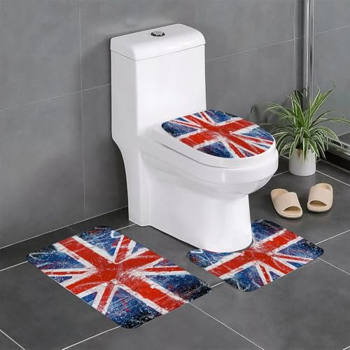 EYLOZS Badezimmerteppich Set 3 Teilig Waschbar rutschfeste Badematte Toilettenmatte Weich Saugfähige Badteppiche,Retro Die Gewerkschaftsflagge des britischen Union Jack Red Navy Blue