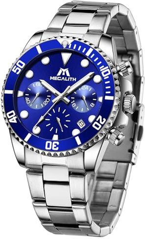MEGALITH Uhren Herren Edelstahl Armbanduhr: Silber Blau Quarz Herrenuhr 40mm - Chronograph Männer Uhr Datum Leuchtende Wasserdicht