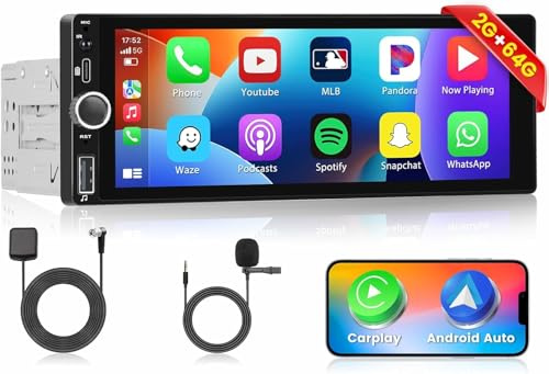Ohradio 2+64GB Android 15 Autoradio 1 Din avec GPS Wireless CarPlay et San Fil Android Auto, 6,9 Écran Tactile Autoradio Bluetooth Main Libres 1 Din avec RDS FM WiFi Mic