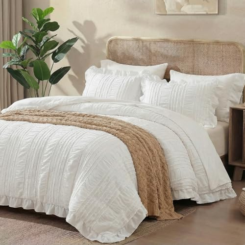 MOVE OVER White Ruffle Comforter Set Queen Size Shabby Chic Boho Bedding Set 3 Pieces Soft Seersucker Comforter Set for Bedroom White Striped Textured Pattern Vintage Bedding Set for All Seasons