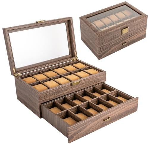 VonVVer Uhrenkoffer Uhrenbox 24 Uhen - Schaukasten Uhrenkasten Uhrenvitrine Uhrenbox mit 24 Fächern für Uhren Schmuck
