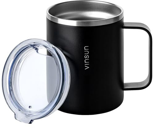 VINSUN Thermobecher mit Henkel 350ml - Edelstahl, doppelwandig isoliert - Thermotasse mit Deckel mit Trinköffnung - Kaffeetasse für Büro, Camping