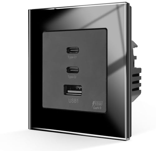 CNBINGO Chargeur USB C, prise de charge rapide encastrée, GaN PD 65W 3 ports chargeur, prise de charge murale avec plaque en verre trempé