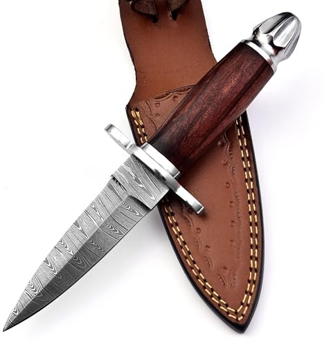 FBcrafts Handmade Damascus Dagger - Double Edge Knife, 8.5 in Edc Fixed Blade for Hunting Wood Handle Leather Sheath (Brown)
