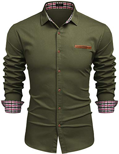 COOFANDY Chemise Homme Manches Longues en Jean Denim Shirt Slim Fit Col Kent Chemise Cowboy Style Business Décontracté Armée Verte 3XL