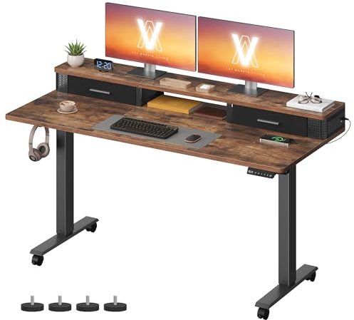 VASAGLE Electric Standing Desk with Built-In Power Strip, 140 x 60 x (72-120) cm, Adjustable Height, Monitor Stand, 2 Hooks and Drawers, Memory Function, Rustic Brown LSD184KD03