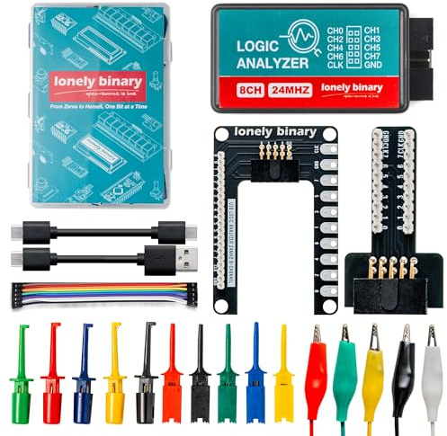 LONELY BINARY Logic Analyzer 8 Channels 24MHz USB Kit with Base Module, Breadboard Breakout Board, USB-A & Type-C Cables, Test Clips, Alligator Clips Compatible with Arduino ESP32 STEM DIY Projects