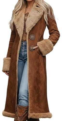 Duohropke Wintermantel Damen Lang Winterjacke Warm Gefüttert Fleecejacke Ledermantel Revers Mantel Winter Dicke Trenchcoat Umlegekragen Plüsch Kunstpelzmantel PU Lederjacken Streetwear