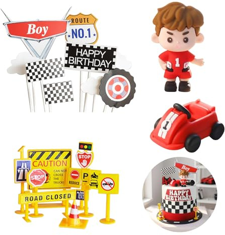 20Pcs Racing Car Decoration Kit, Red Race Car Cake Topper Include Boy Figure, Race Car, Traffic Signs & Happy Birthday Flags, Perfect for Boy's Race Car Themed Birthday Party Favors