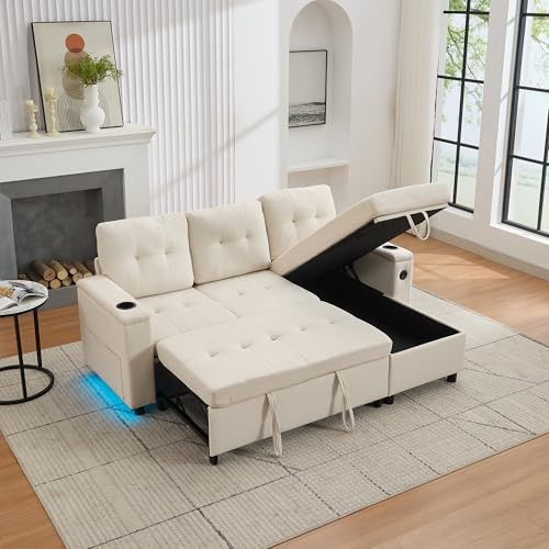 Luscriate Dreisitzer Schlafsofa 208×146 cm – Klappsofa mit Stauraum & LED-Lichtleiste, Sofa mit USB & Type-C, Getränkehaltern & Seitentaschen, L-förmiges Ecksofa Treviso, Beige (Beige-A, 3-Sitzer)