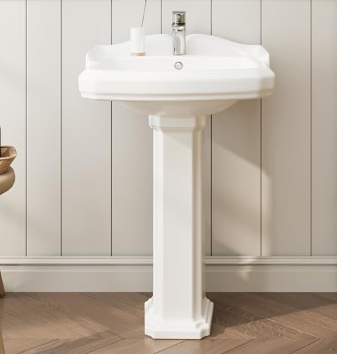 Ceramic Pedestal Sink – Freestanding Vintage White Bathroom Vanity with Overflow Hole & Faucet Holes, Classic Design for Small Spaces