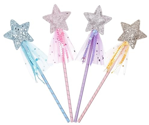 4 Pack Fairy Wand, Princess Star Magic Wands with Ribbon Tulle Sequins | Glitter Costume Accessories, Role Play Props, Birthday Halloween Christmas Party Favors, 4 Colors