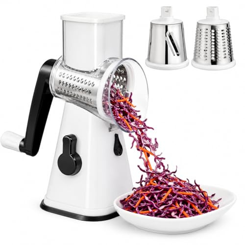 Affettatrice Verdure Multifunzione con Maniglia Girevole - 3 Lame Inox 430 Intercambiabili - Funzione Grattugiare, Affettare e Tritare - Utensile Manuale Professionale per Cucina