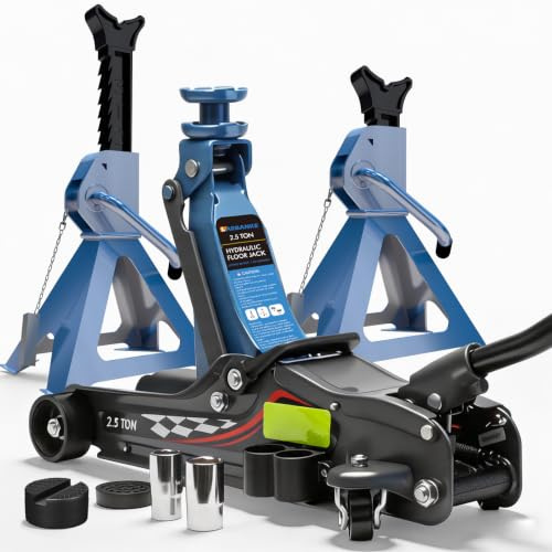 2.5 Tonne Hydrualic Trolley Car Jack with 2 Jack Stands Kit, 2.5 Ton Low Profile Car Jack Set Includes Free Lug Nut Sockets & Rubber Pad, Lifting Range 110mm-360mm,Complete Maintenance Kit