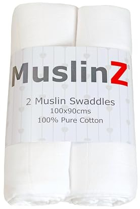MuslinZ Baby muslin kvadrater, mjuk, andningsbar och absorberande filt för nyfödda, lindor XL 100 x 90 cm 100 % bomull (2-pack) (vit)