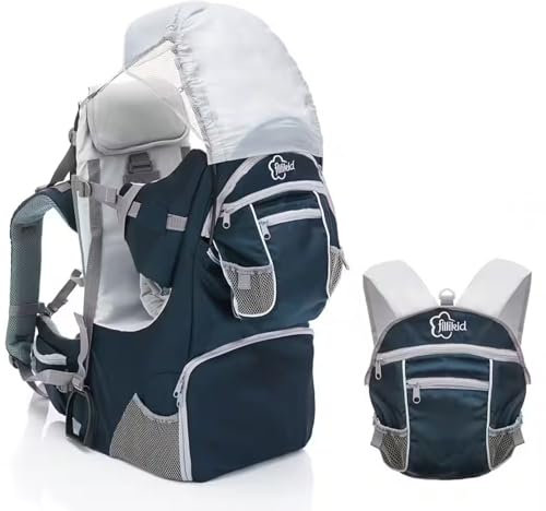Fillikid Rückentrage - Rücken Babytrage mit Sonnenschutz, Gurt, Kinder Rucksack und Staufächern - Kraxe zum Wandern mit Baby und Kleinkind, bis 18 kg - Blau Grau