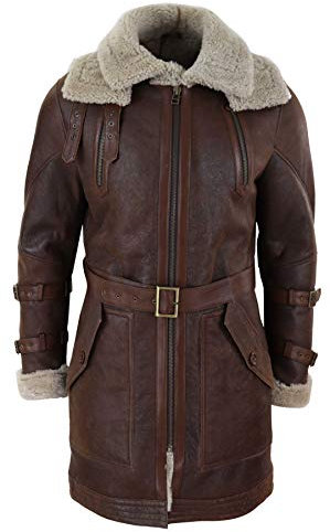 TruClothing.com Herren Lederjacke 100% Echtleder Schaffell 3/4 Länge Braun Beige Piloten Design Schafsleder Jacke