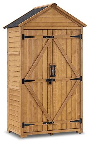 MCombo Outdoor Storage Cabinet with 2 Shelves, Outside Storage Shed with Floor, Wooden Garden Tool Shed with Latch for Yard Deck Lawn, 1000