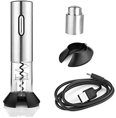 LTLWSH Sacacorchos Electrico, Abrelatas Electrico Profesional, Abridor Botellas de Vino con Cortador de Papel, Tapón de Vino de Vacío y Cable de Datos,Plata,A