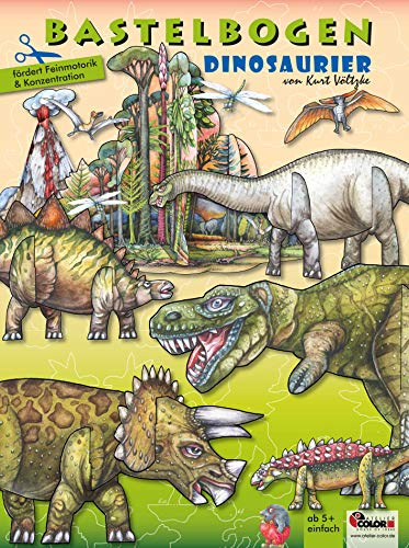 ATELIER COLOR Dinosaurier Bastelbogen mit Figuren & Vulkan Bastelset zum Ausschneiden und Basteln Spielzeug aus Papier für Kinder 5+ Jahre Papiermodelle zum Spielen