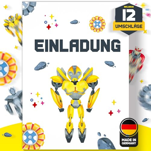 Olgs Einladungskarten Gelber Transformer 12er Set zum Kindergeburtstag, Ausfüllbar, Einladungen inkl. Umschläge