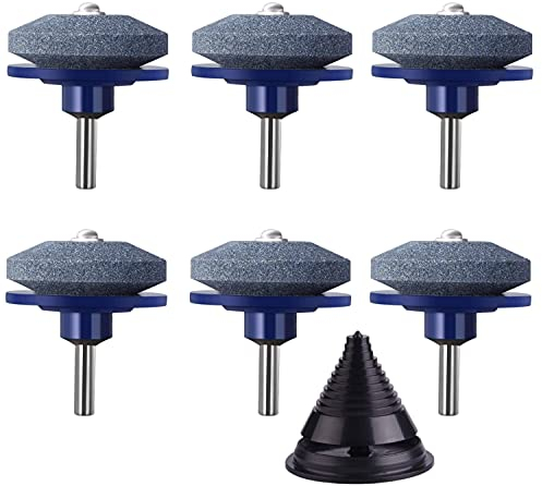 KAHEIGN 6Pcs Rasenmäher Messerschärfer für Bohrmaschinen, 5CM Universal Multi-Sharp Schleifscheibe Stein Rasenmäher Schleifgerät mit Messerbalancer für die meisten Bohrmaschinen (Blau)