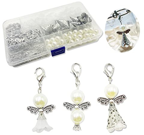 Schutzengel DIY 50 Set Engel Perlen Schlüsselanhänger Handwerk Engelsflügel Perlen Handwerk Zubehör Engel Anhänger für Schmuck machen Hochzeit Taufe Baby Dusche Weihnachten Geburtstag Geschenke - C