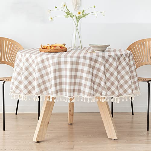 Ricemru Kariert Tischdecke Rund 220 Taupe Weiß Abwaschbar Garten Tischtuch Tischdecken Wasserdicht Lotus Fleckschutz TPU Outdoor Gartentischdecke Elegant Tischwäsche mit Quaste