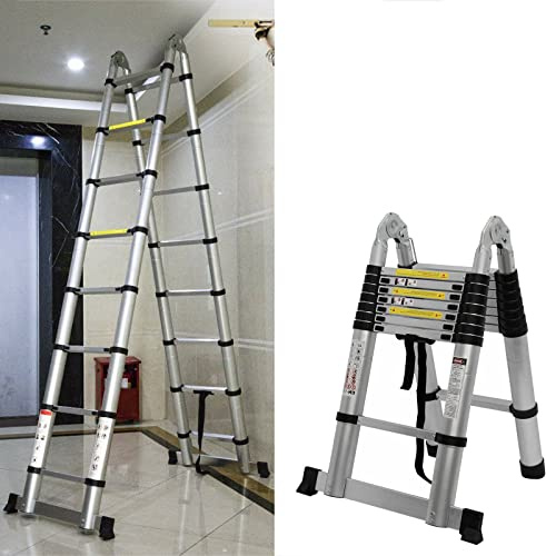 1,9+1,9m Aluminium Klappleiter Teleskopleiter, rutschfest Ausziehleiter Dachbodenleiter Ausziehbar Anlegeleiter, 6+6 Sprossen, Leicht zu Tragen, 150kg Tragkraft