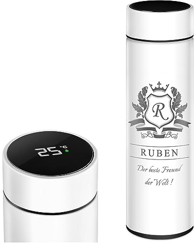 Maverton Trinkflasche mit Gravur 450 ml - Thermobecher auslaufsicher 100% dicht - mit LED Temperaturanzeige - Thermoskanne aus Edelstahl - für Männer zum Geburtstag - weiß - Initiale