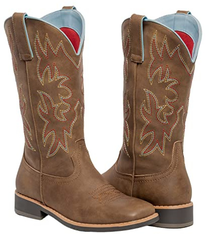 SheSole Womens Cowboy Boots Square Toe Mid Wide Calf Ladies Cowgirl Boots Brown UK SIZE 9