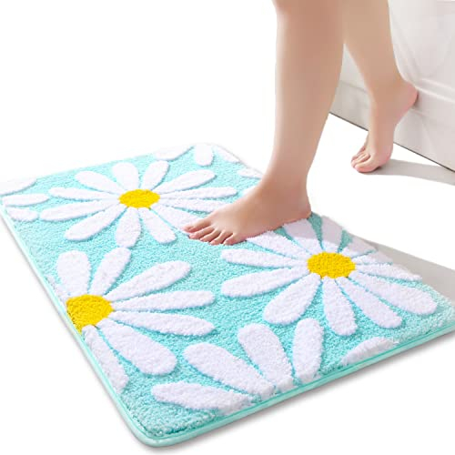 QJHOMO Grün Badezimmerteppich Niedliche Gänseblümchen Badematte rutschfest Waschbar Badteppich Weiße und Gelbe Blume Badvorleger Weiche Duschvorleger Absorbierende Badezimmer Teppich 50x80 cm