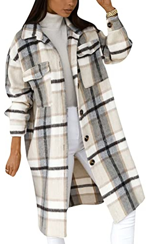 Yming Frauen Lang Kariertes Mantel Langarm Holzfällerjacke Button Down Freizeithemd