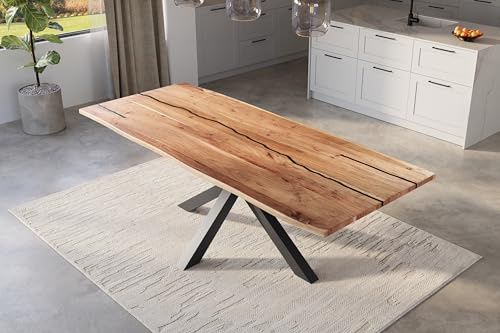 SAM Esstisch Polly Epoxy 280x100 cm Akazie Natur Spider-Gestell schwarz | Baumkantentisch massiv, Akazienholz naturfarben, 26 mm Tischplatte, echte Baumkante, Epoxidharz-Adern in Schwarz