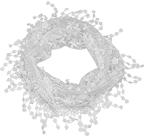 JK Home Lace Tassel Sheer Floral Triangle Scarf, Trendy Silk Gauze Embroidered Veil Church Wedding Wrap Scarf Fringe Head Cover 140x40cm White