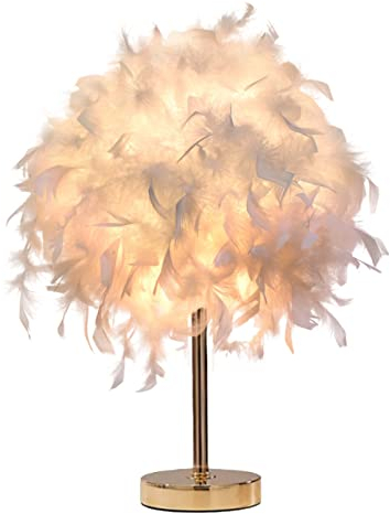 GUANSHAN Weiße Feder-Tischlampe, kugelförmiger Feder-Lampenschirm, Schreibtischlampe, romantisches Nachtlicht, dekorative Tischleuchte, Nachttischlampe für Wohnzimmer, Restaurant