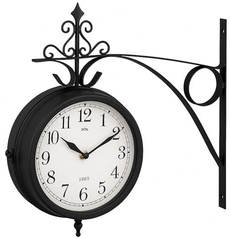 AAMEN Black Outdoor Dual Sided Station Clock, Wall-Mounted Retro Central Station Clock, Garden Clocks Outdoor Waterproof, Round Wall Hanging Double Sided Faces-21x21x21cm