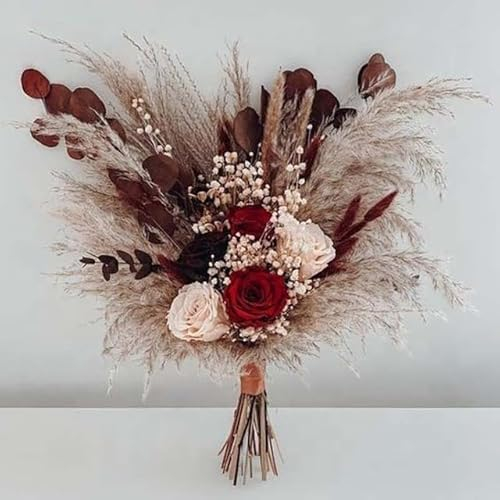 ZEYRU Brautsträuße Boho-Blumenstrauß aus getrockneten Grasrosen, handgefertigt, romantische Hochzeitssträuße für Brautjungfern mit Blumen, 1 Stück, 40 cm