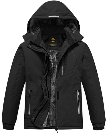 MoFiz Girls Ski Jacket Waterproof Fleece Lined Snowboard Jacket Warm Winter Snow Jacket with Removable Hood Black M