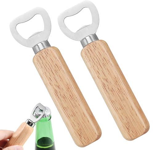 Simsky 2 Apribottiglie in Legno Naturale, Apribottiglie Portatile con Manico in Legno, Apribottiglie Personalizzato, Unisex – Incisibile e Durevole