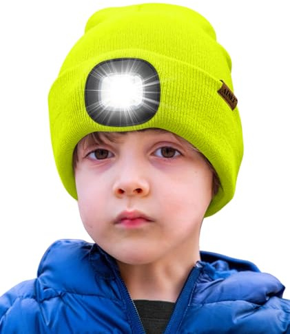 ATNKE Kids LED Beleuchtete Mütze mit Licht,Wiederaufladbare USB 4 LED Laufmütze Extrem Heller Lampe Winter Warme Stricken Mütze Großartig Geschenke für Jungen und Mädchen