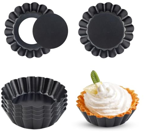 4 Pack Tart Pans Tortilla Pan Set Mini Tart Molds Carbon Steel Taco Shell for Baking 3 Inch Taco Salad Bowl Maker with Removable Bottom NonStick Tortilla Bowl Fluted Side for Quiche Cakes Pies (Black)