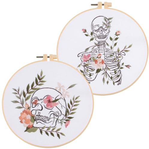 Yangshine Stickset für Anfänger, Motiv: Blume mit Totenkopf-Muster, Kreuzstich-Set, einschließlich Stickrahmen, Stoff, Farbfäden, Nadeln, Anleitung und Werkzeugset, 2 Sets