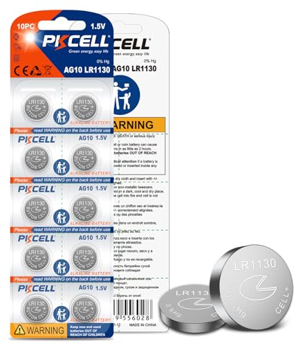 LR1130 AG10 Piles Bouton alcaline pour Livres musicaux ou sonores,Montre,Jouets,Longue durée,Lot de 10,PKCELL