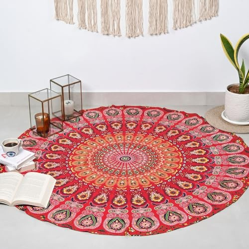 Mandala-Wandteppich Roundie, 121,9 cm, goldfarben, rot, Hippie, dekorative Trippy-Wandteppiche, böhmische Boho-Bettwäsche, indisches handgefertigtes Strandtuch aus reiner Baumwolle