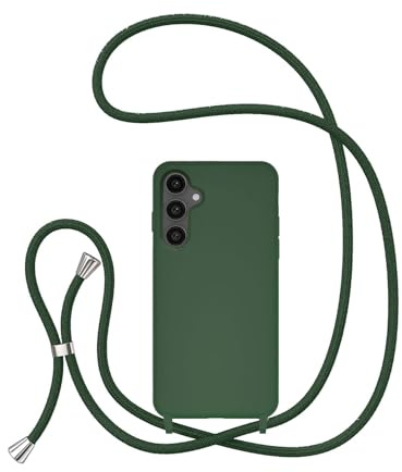 UEEBAI Crossbody Lanyard Phone case for Samsung Galaxy A15 4G/5G, Silicone Liquid Phone Cover Necklace Cord Strap Soft Shockproof Protective Case - Dark Green