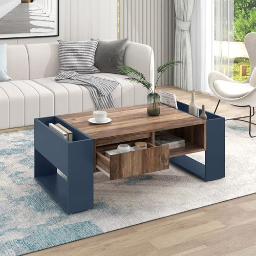 Merax Table de Salon avec Tiroir, avec Espace de Rangement, Table Basse pour Salon, 111 x 60 x 40 cm, Couleur Bois + Gris Noir